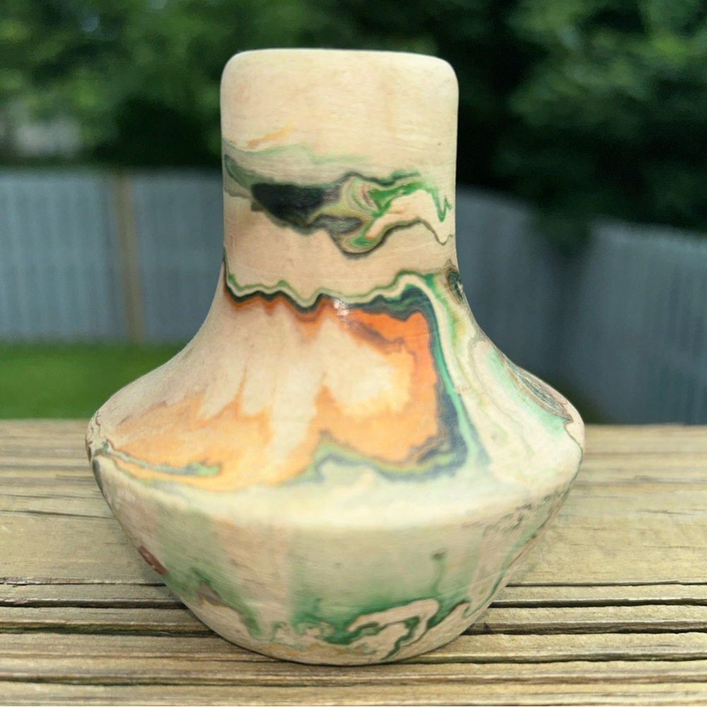 Native Nemadji Art Pottery Bud Vase Green Orange Brown Swirl Design  3.5" Tall